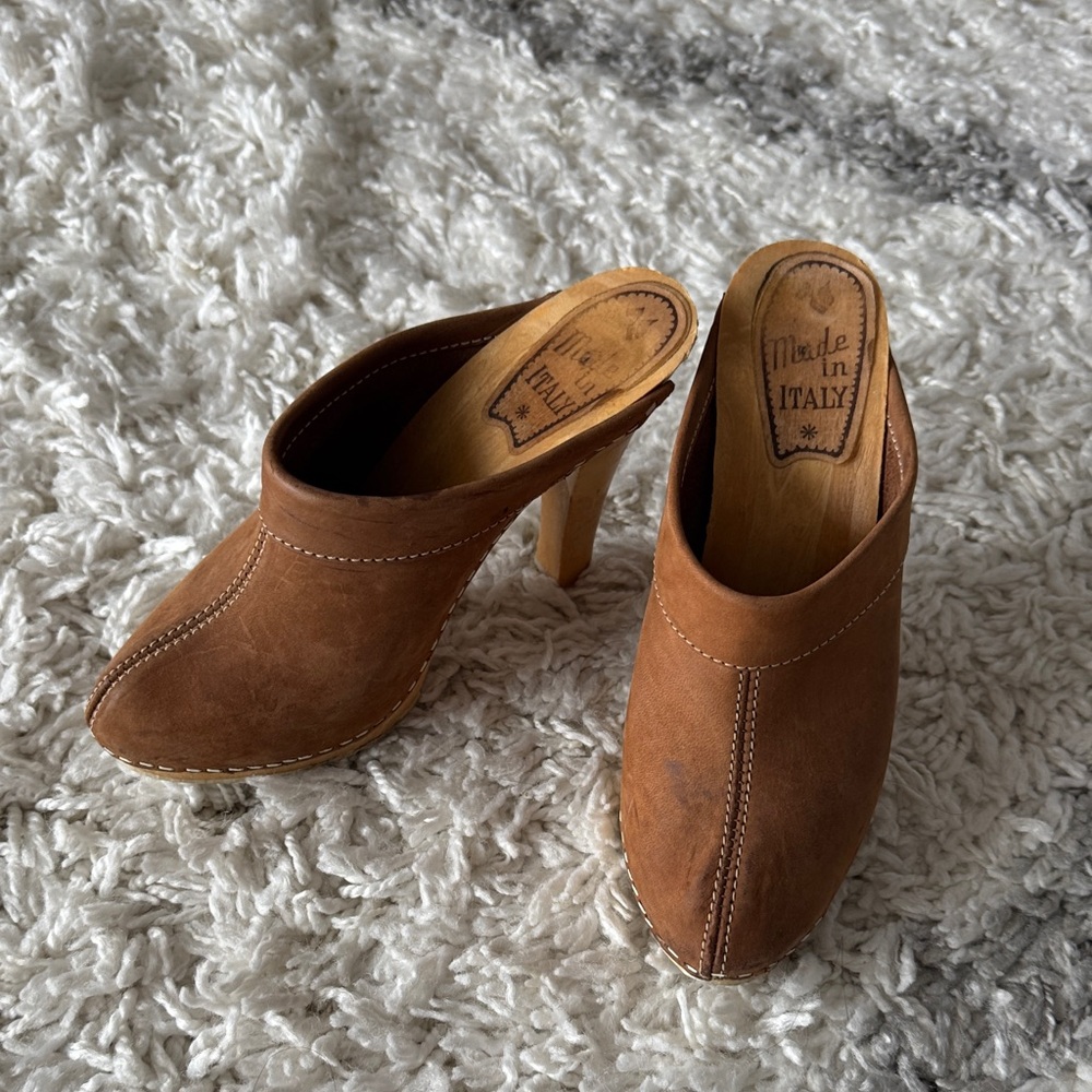 Italian Brown Leather Women's Clogs